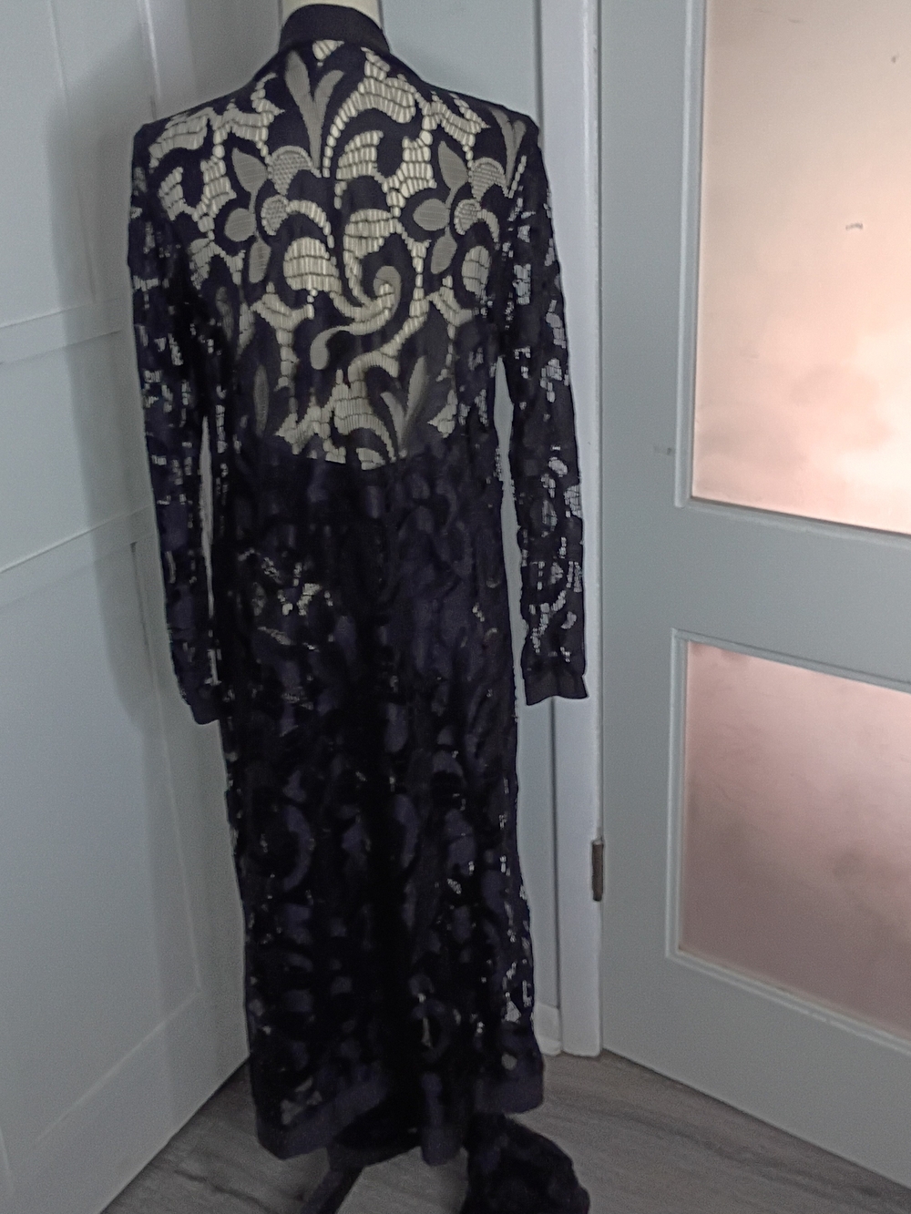 See-Thru Black Lace Long Duster And Matching Pants 2- Piece Set - Picture 4 of 6
